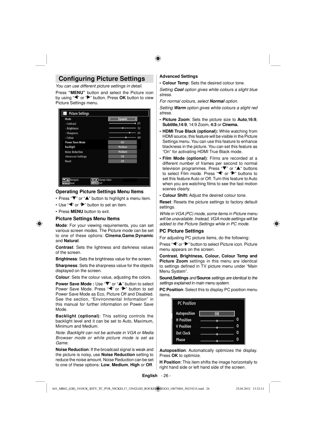 Sharp LC-32LE240E operation manual Conﬁguring Picture Settings, Operating Picture Settings Menu Items, PC Picture Settings 