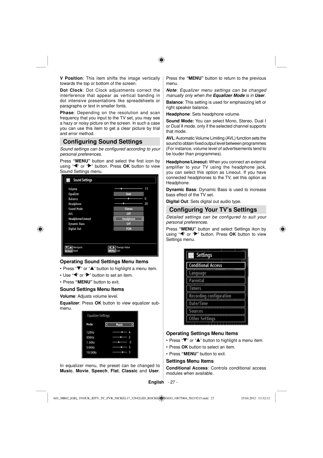 Sharp LC-32LE240E operation manual Conﬁguring Sound Settings, Conﬁguring Your TV’s Settings 