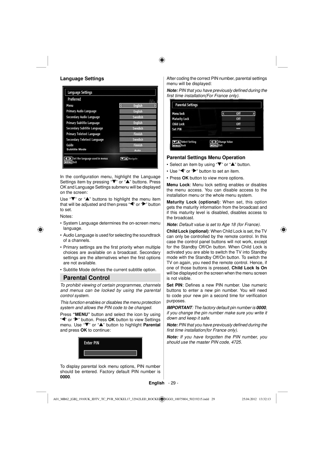 Sharp LC-32LE240E operation manual Parental Control, Language Settings, Parental Settings Menu Operation 