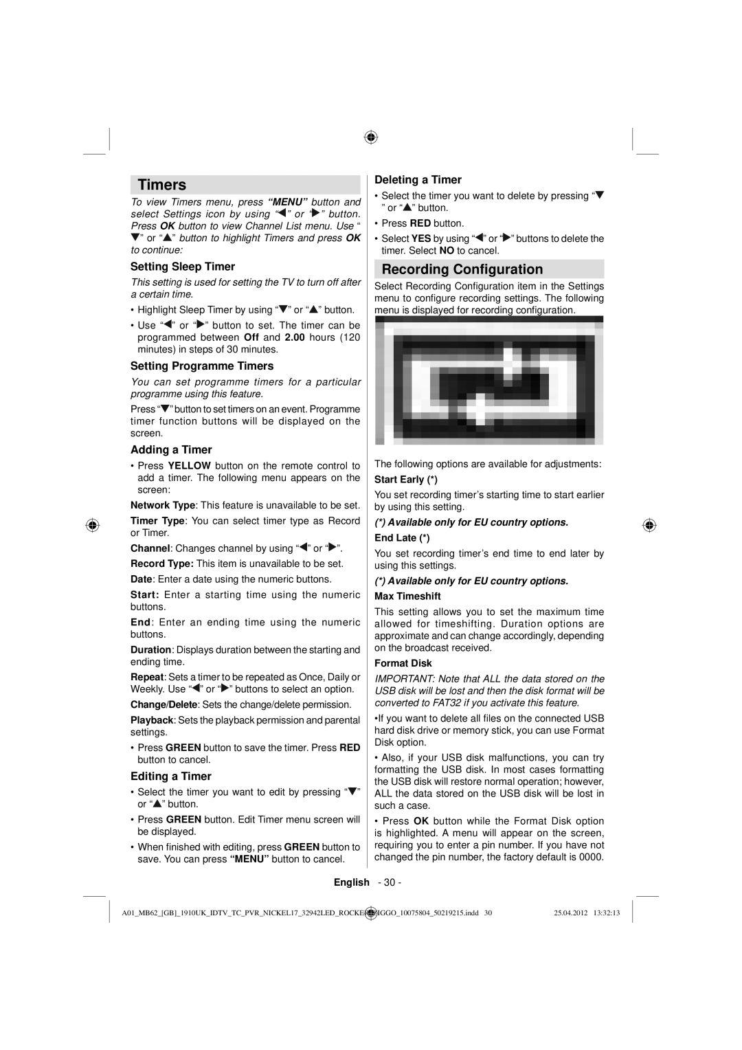 Sharp LC-32LE240E operation manual Timers, Recording Conﬁguration 