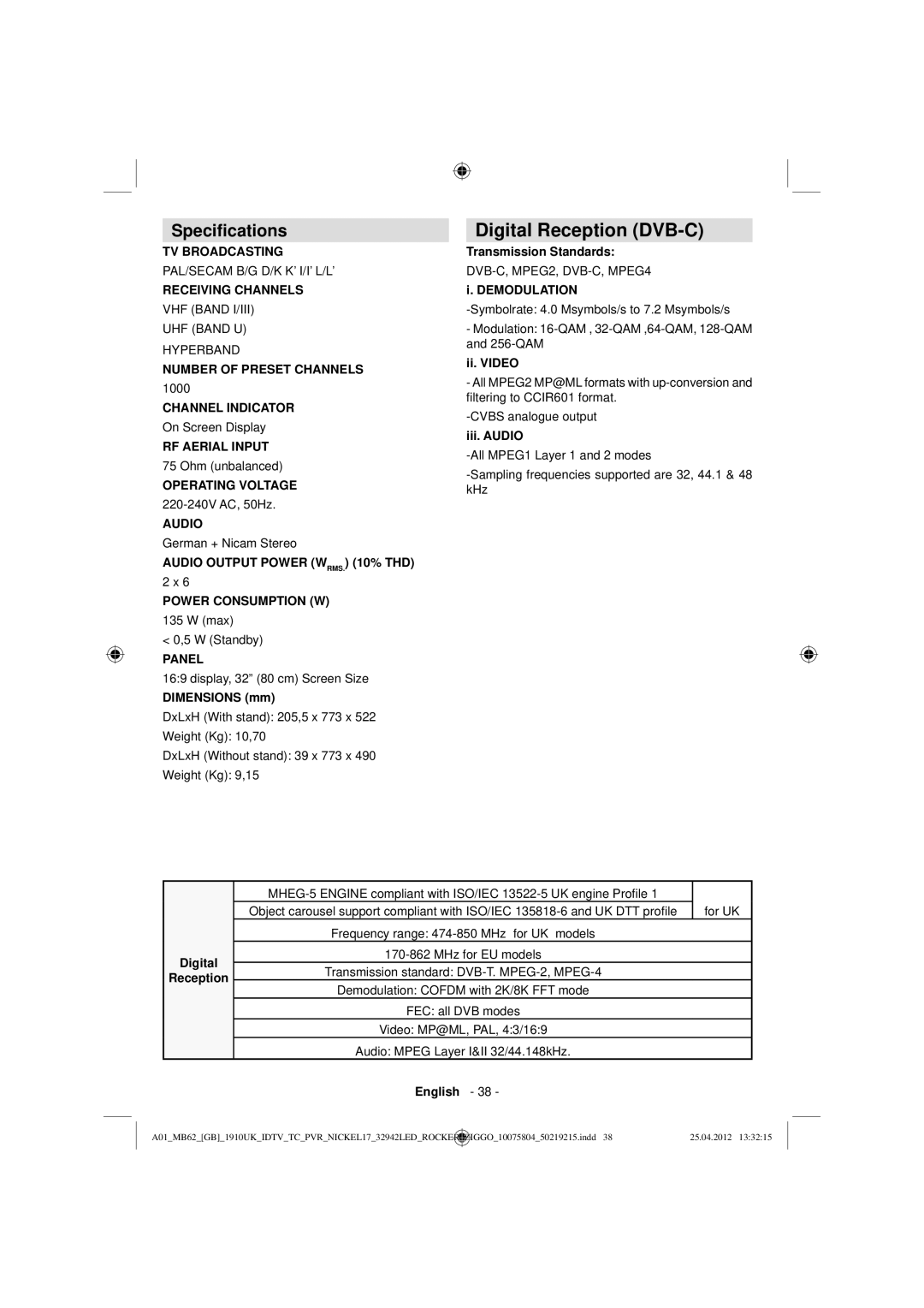 Sharp LC-32LE240E operation manual Digital Reception DVB-C, Speciﬁcations 