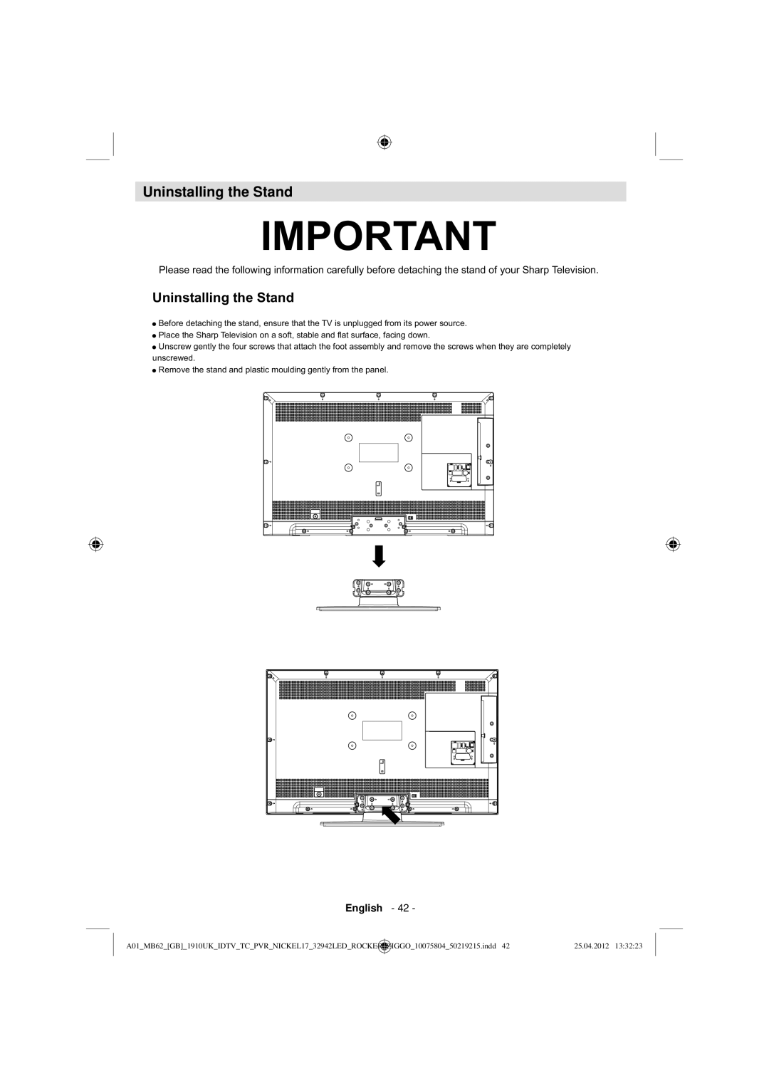 Sharp LC-32LE240E operation manual Uninstalling the Stand 