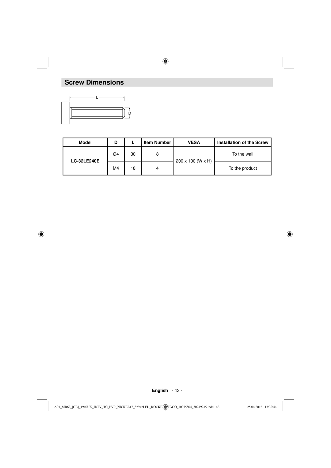 Sharp LC-32LE240E operation manual Screw Dimensions, Model 