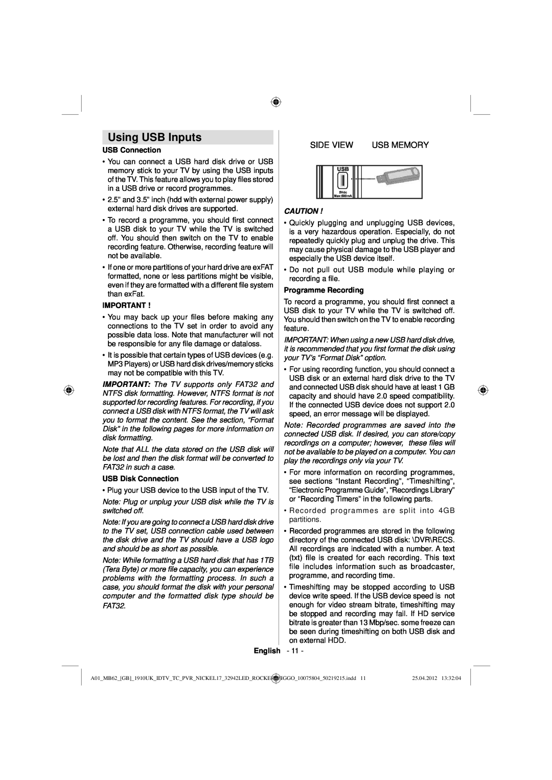 Sharp LC-32LE240E operation manual Using USB Inputs, Side View Usb Memory 