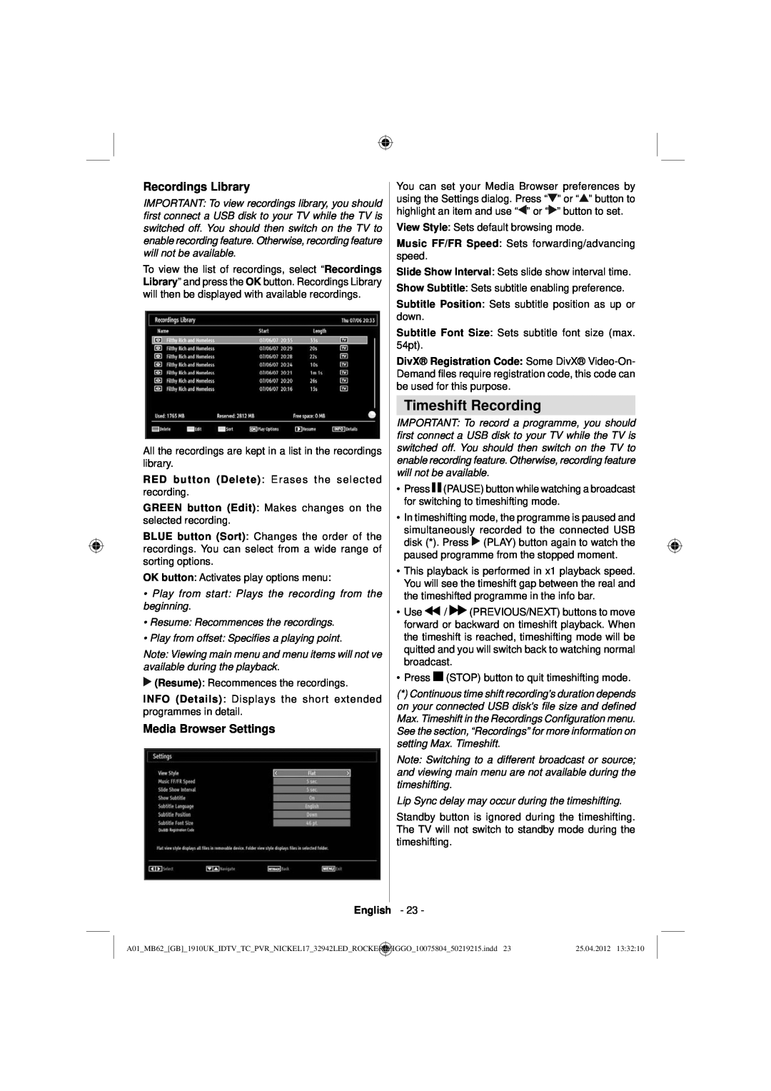 Sharp LC-32LE240E operation manual Timeshift Recording, Recordings Library, Media Browser Settings 