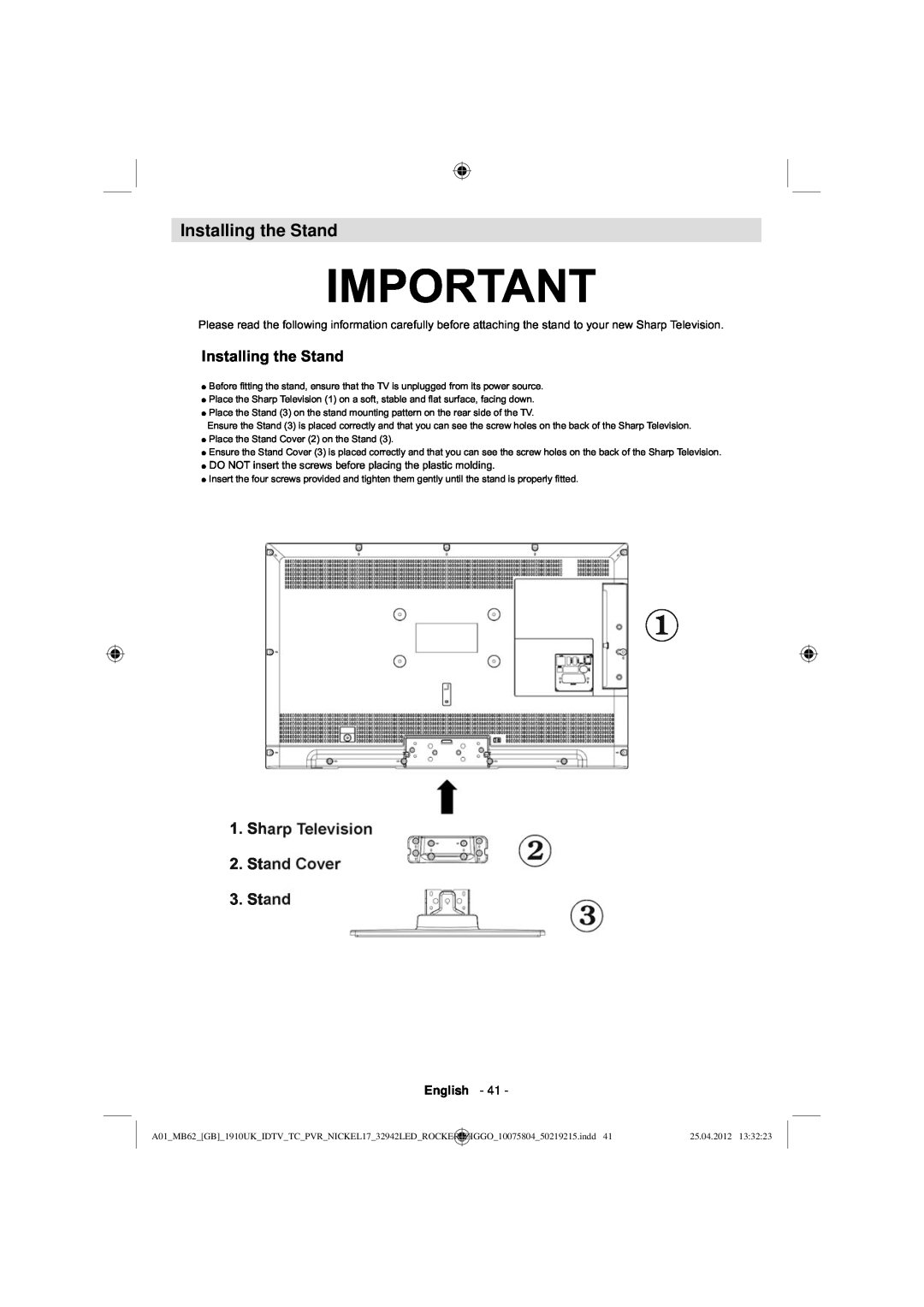 Sharp LC-32LE240E operation manual Installing the Stand, Sharp Television 2. Stand Cover 3. Stand 