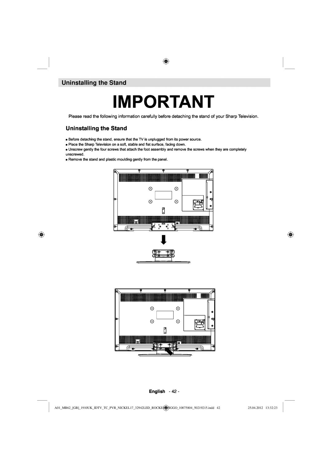 Sharp LC-32LE240E operation manual Uninstalling the Stand 
