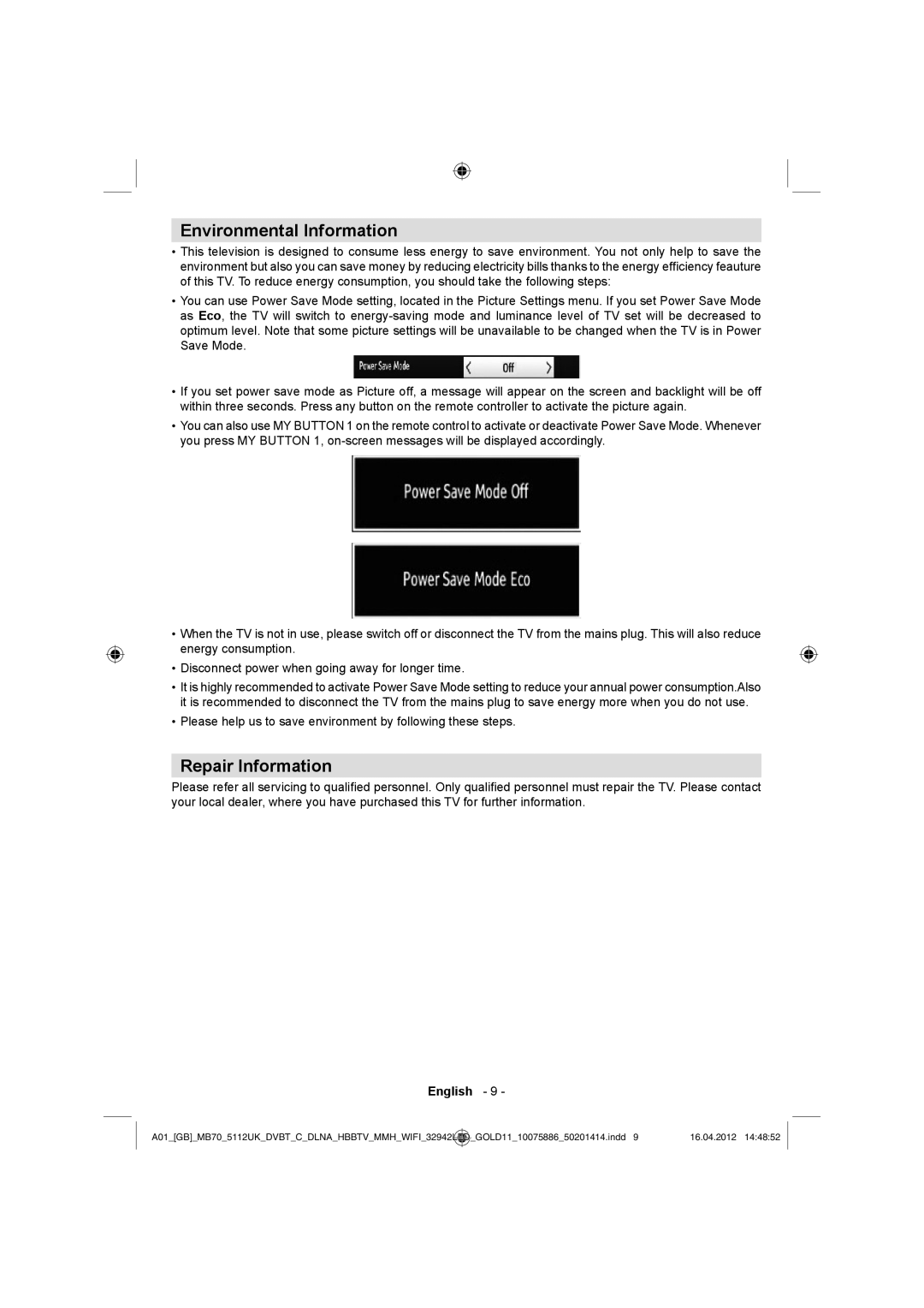 Sharp LC-32LE340E operation manual Environmental Information, Repair Information 