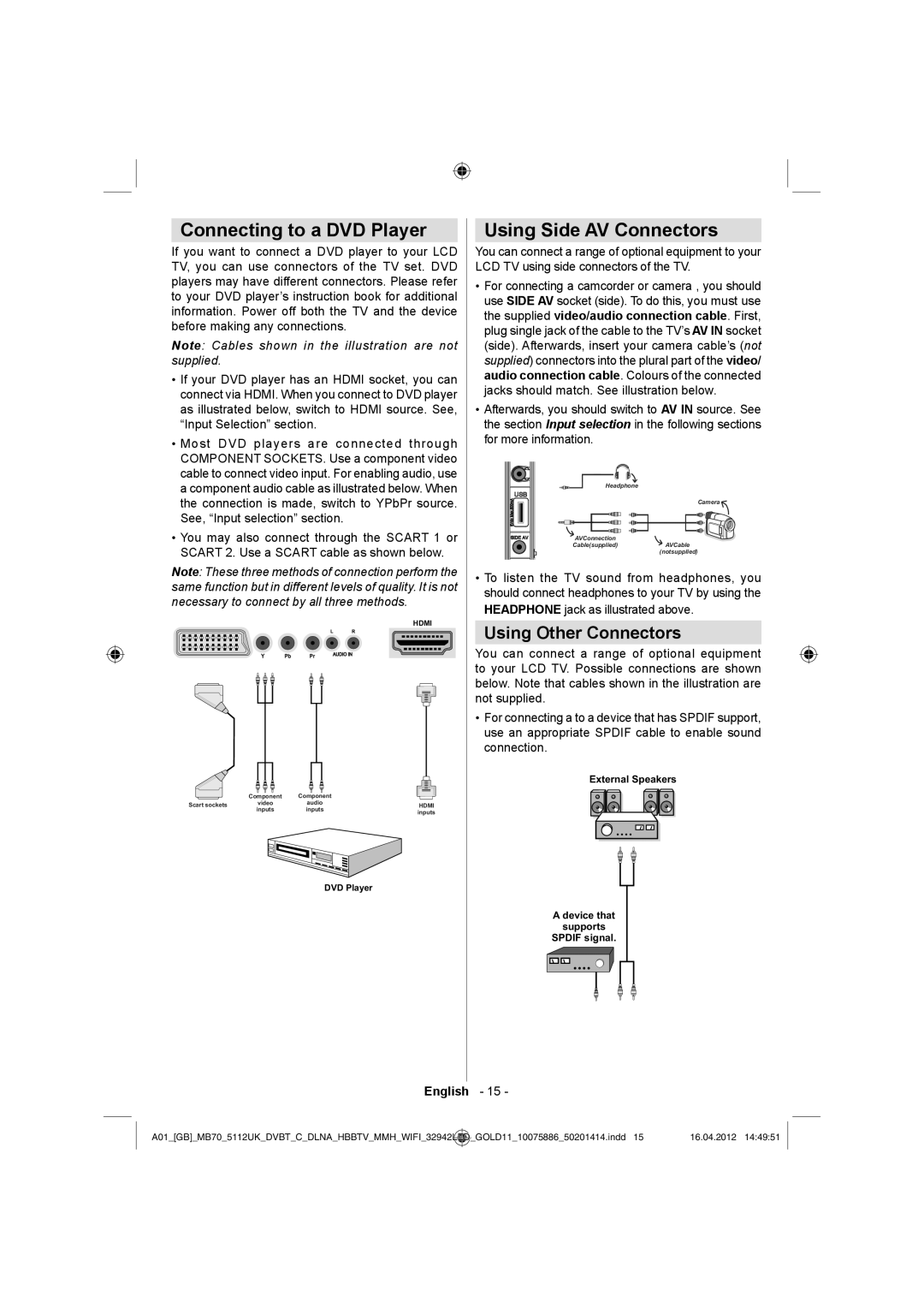 Sharp LC-32LE340E operation manual Connecting to a DVD Player, Using Side AV Connectors, Using Other Connectors 