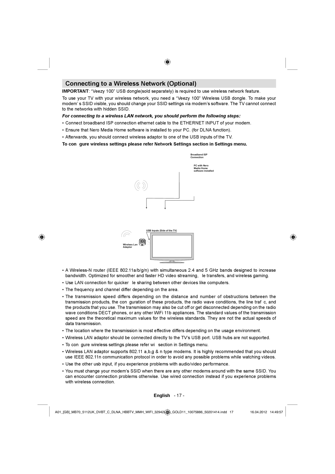 Sharp LC-32LE340E operation manual Connecting to a Wireless Network Optional 