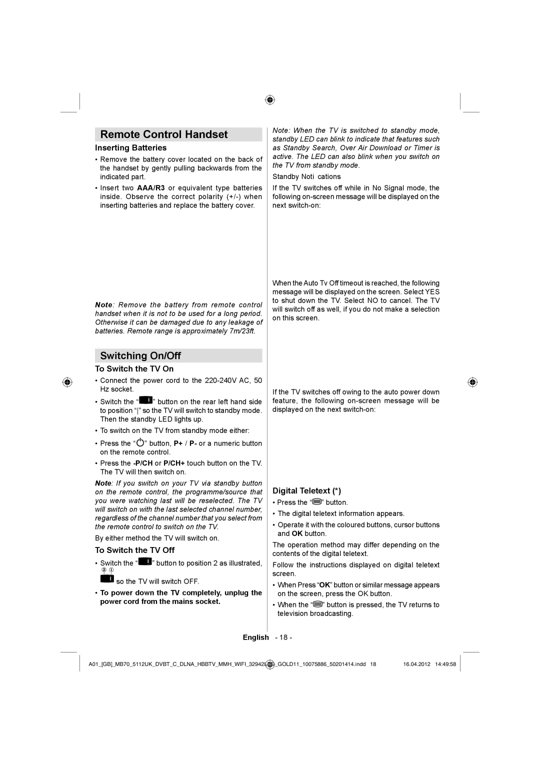 Sharp LC-32LE340E operation manual Remote Control Handset, Switching On/Off 