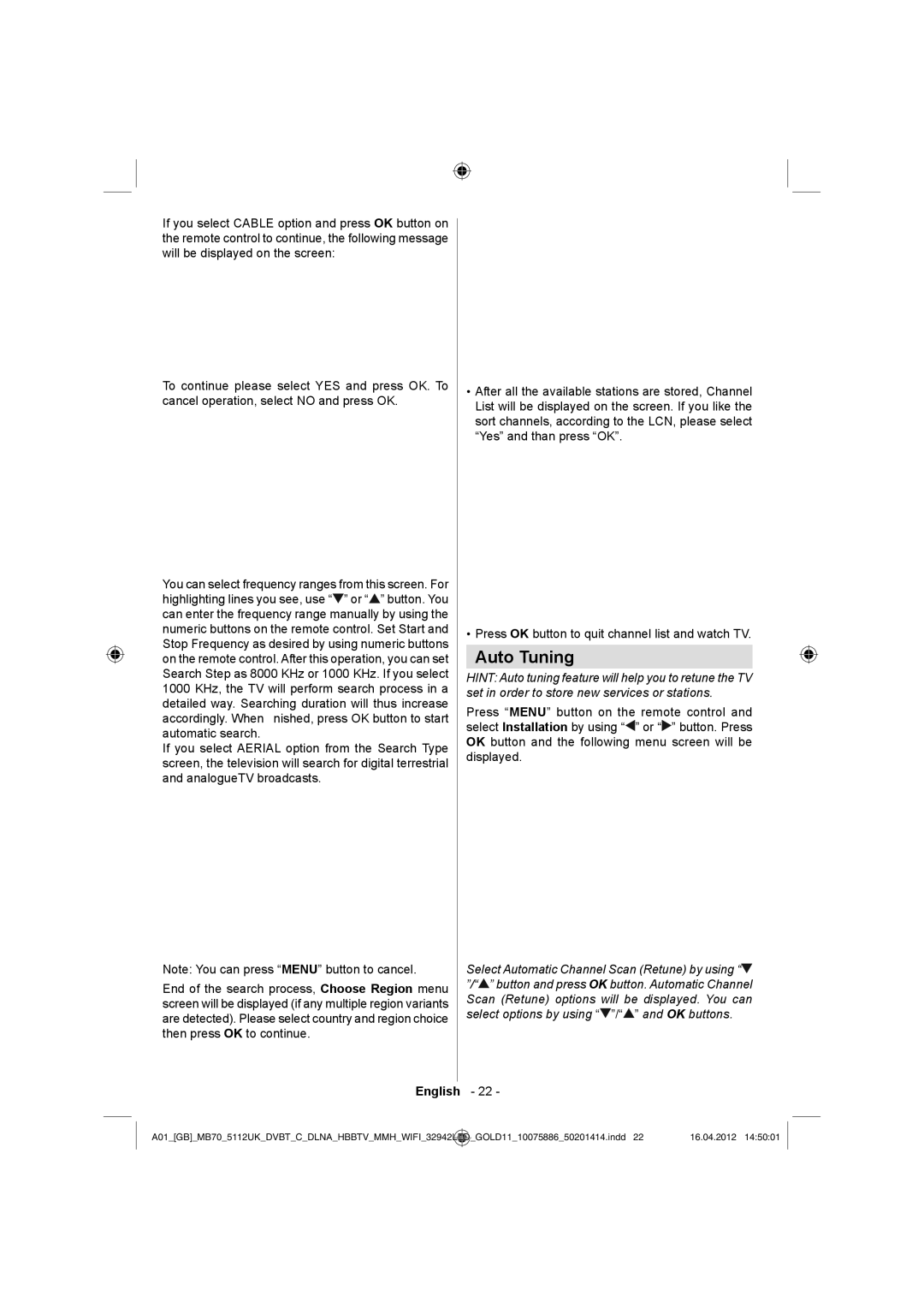 Sharp LC-32LE340E operation manual Auto Tuning 