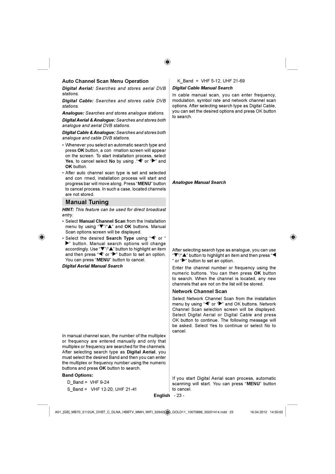 Sharp LC-32LE340E operation manual Manual Tuning, Auto Channel Scan Menu Operation, Network Channel Scan, Band Options 