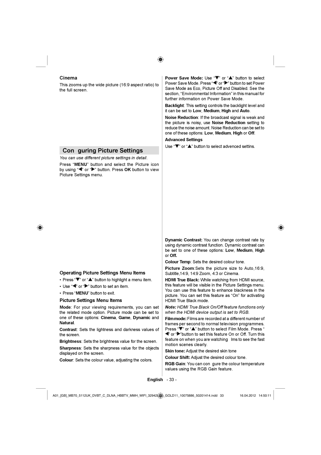 Sharp LC-32LE340E Conﬁguring Picture Settings, Cinema, Operating Picture Settings Menu Items, Advanced Settings 