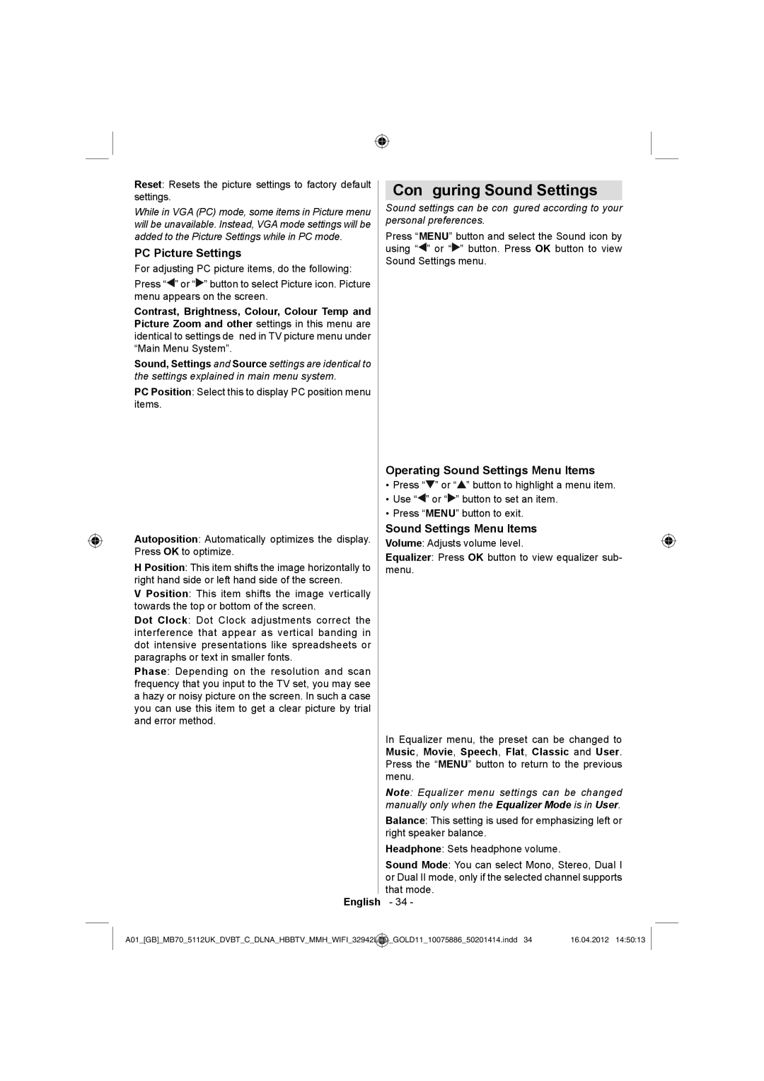 Sharp LC-32LE340E operation manual Conﬁguring Sound Settings, PC Picture Settings, Operating Sound Settings Menu Items 