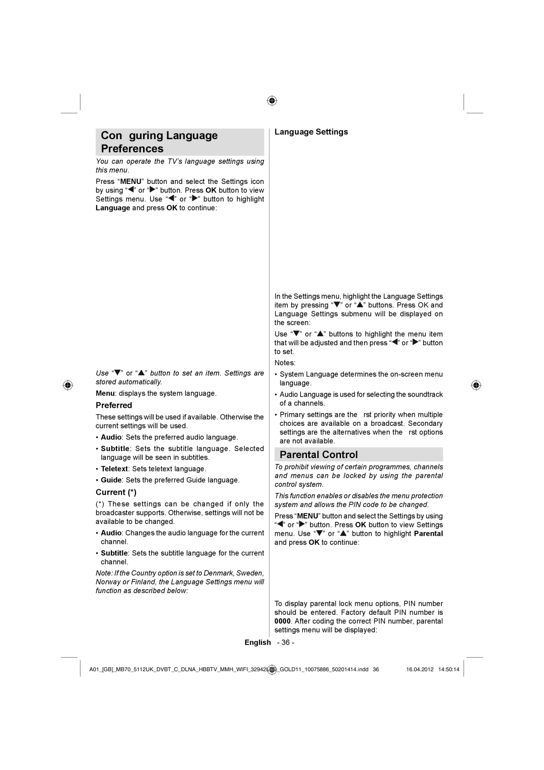 Sharp LC-32LE340E operation manual Conﬁguring Language Preferences, Parental Control, Preferred, Current, Language Settings 