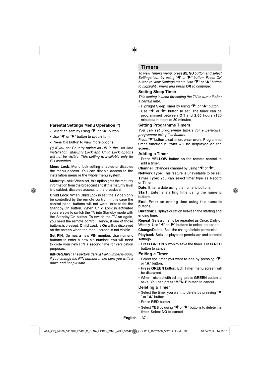 Sharp LC-32LE340E operation manual Timers 