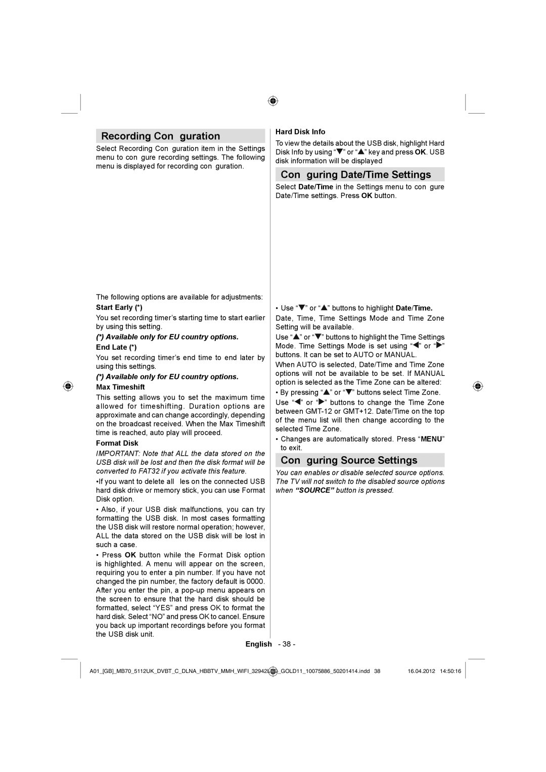 Sharp LC-32LE340E operation manual Recording Conﬁguration, Conﬁguring Date/Time Settings, Conﬁguring Source Settings 