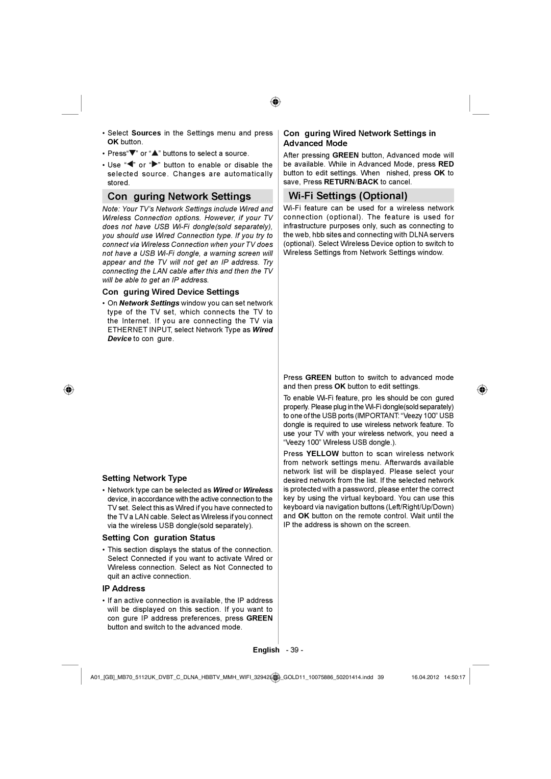 Sharp LC-32LE340E operation manual Conﬁguring Network Settings, Wi-Fi Settings Optional 