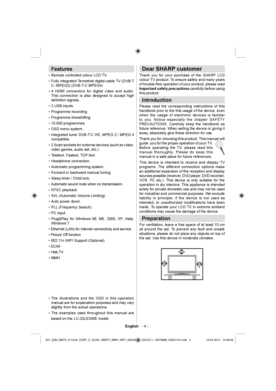 Sharp LC-32LE340E operation manual Dear Sharp customer, Features, Introduction, Preparation 