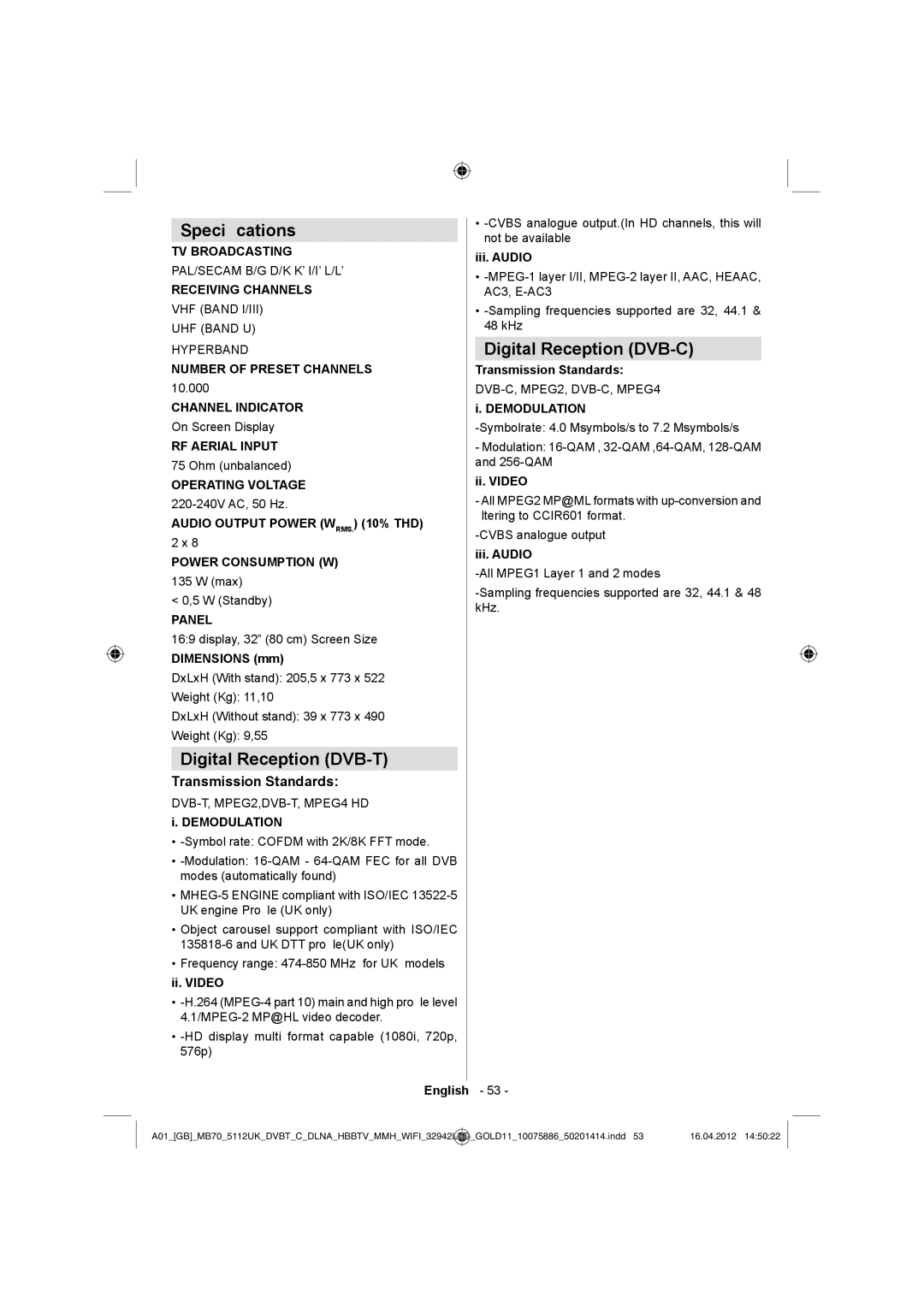 Sharp LC-32LE340E operation manual Speciﬁcations, Digital Reception DVB-T, Digital Reception DVB-C, Transmission Standards 