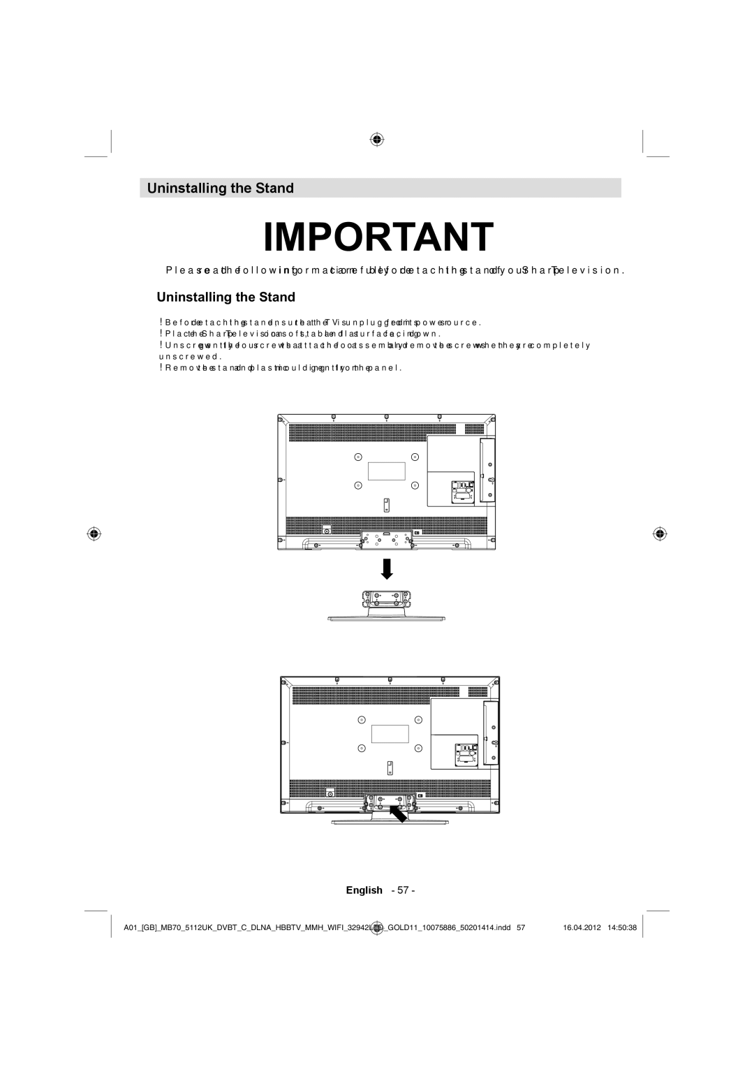 Sharp LC-32LE340E operation manual Uninstalling the Stand 