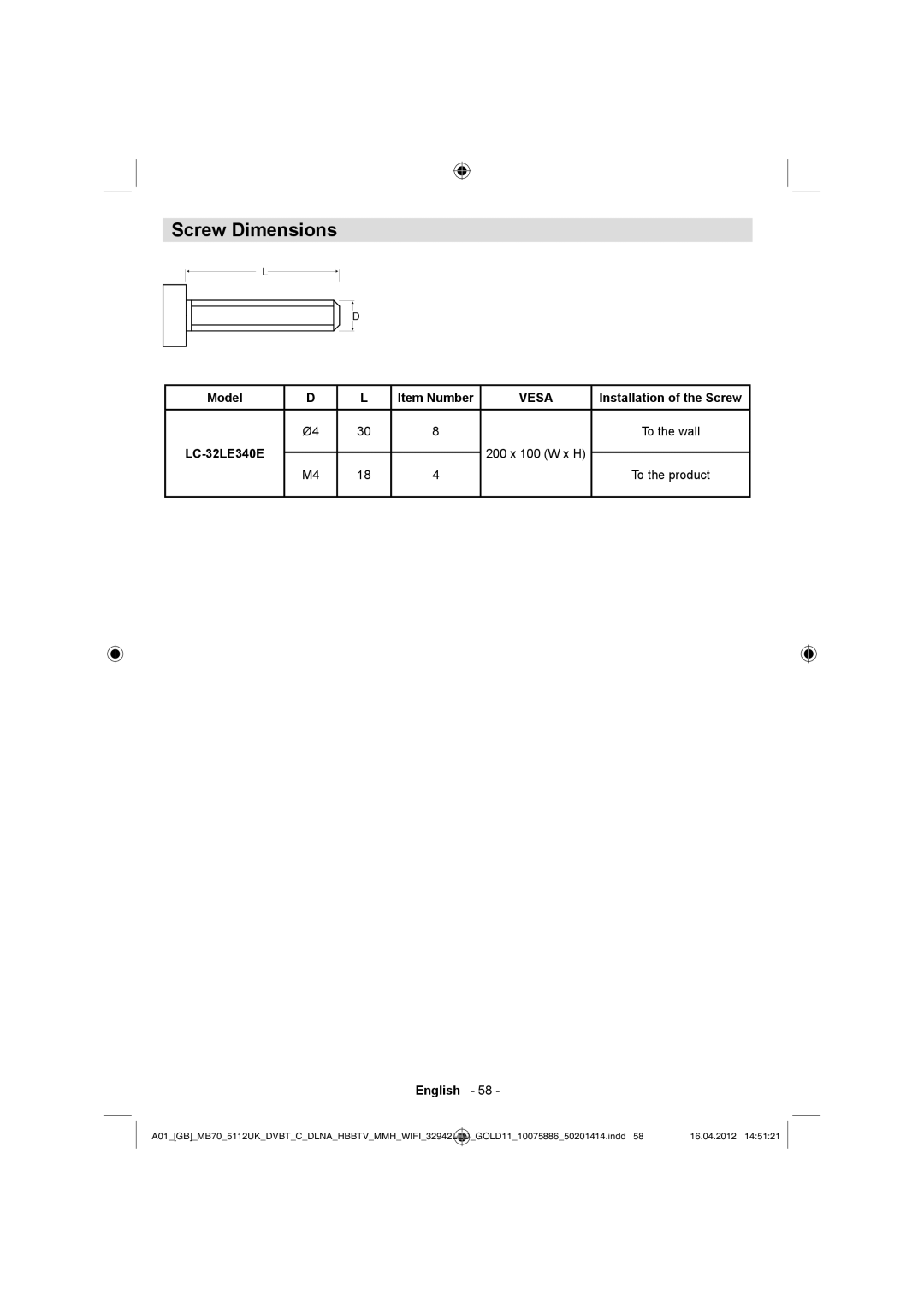 Sharp LC-32LE340E operation manual Screw Dimensions, Model 