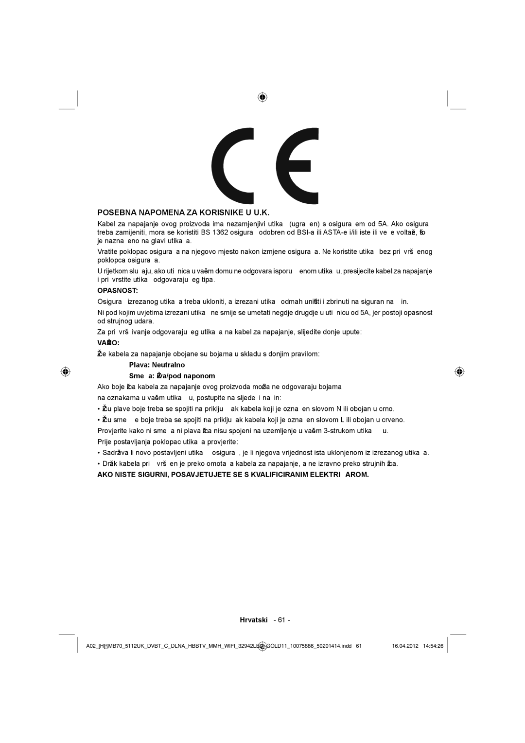 Sharp LC-32LE340E operation manual Posebna Napomena ZA Korisnike U U.K, Plava Neutralno Smeđa Živa/pod naponom 