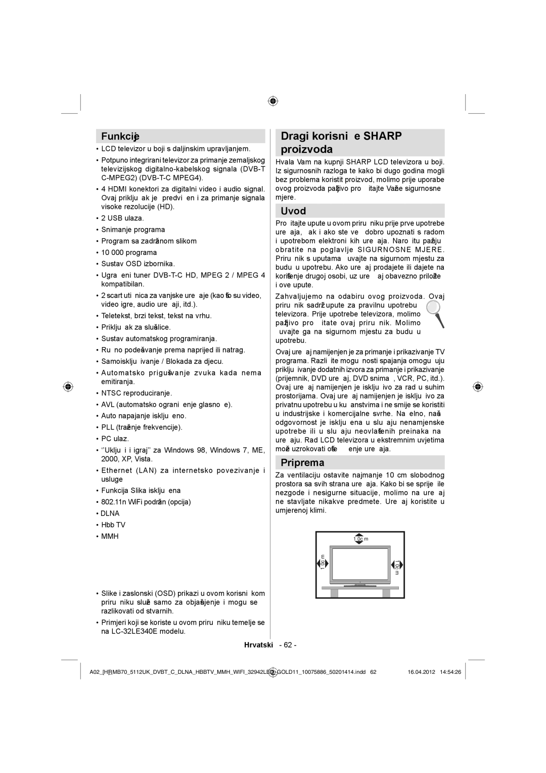 Sharp LC-32LE340E operation manual Dragi korisniče Sharp Proizvoda, Funkcije, Uvod, Priprema 