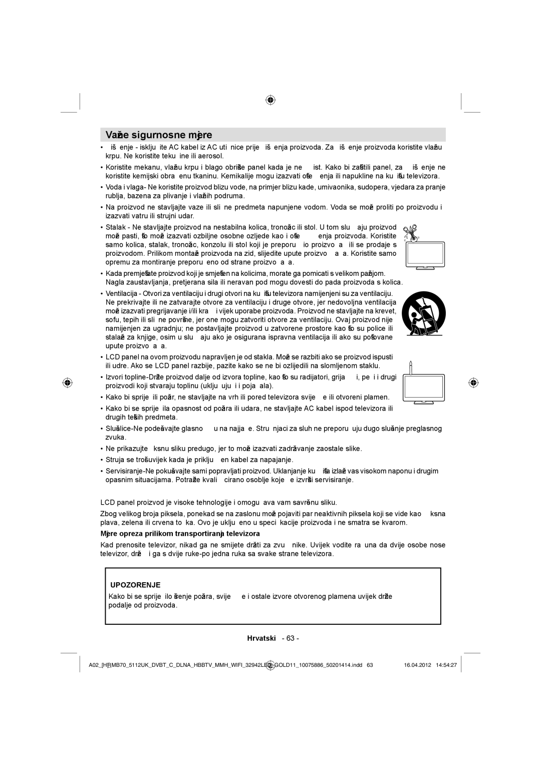 Sharp LC-32LE340E operation manual Važne sigurnosne mjere, Mjere opreza prilikom transportiranja televizora 