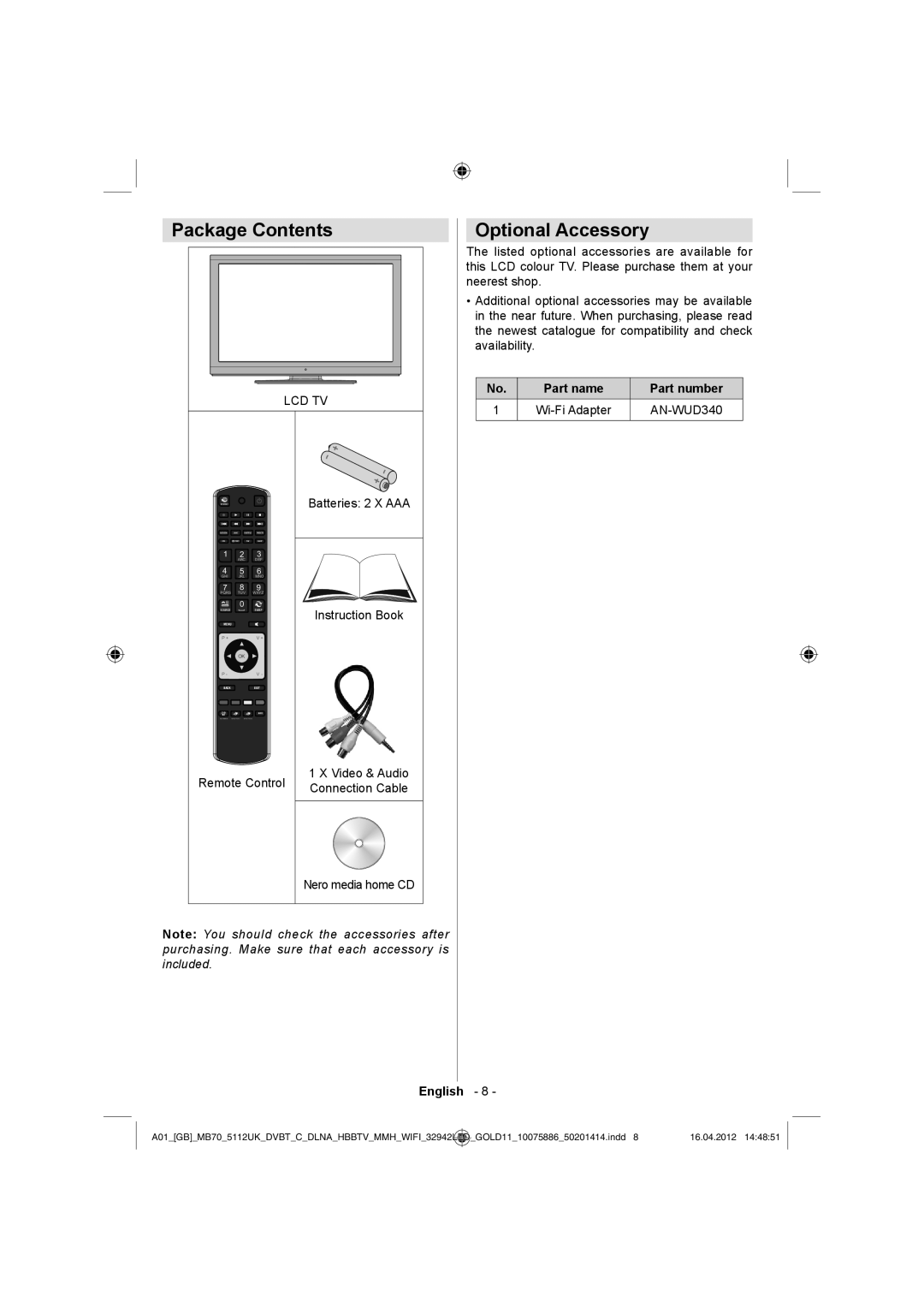 Sharp LC-32LE340E operation manual Package Contents, Optional Accessory 