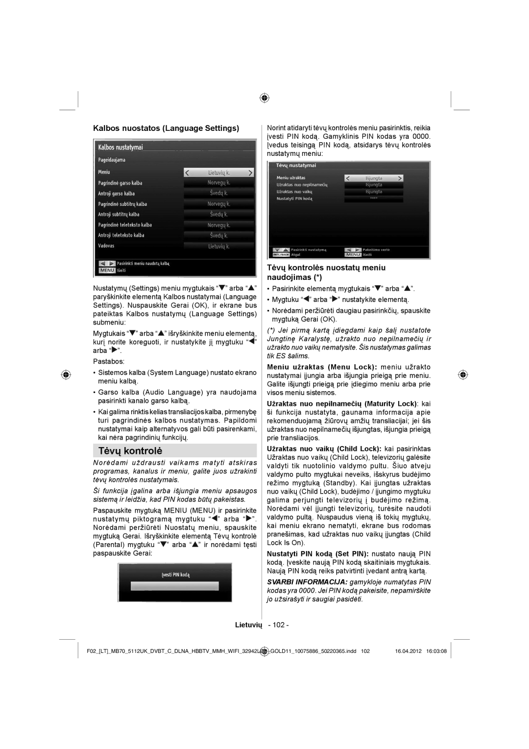 Sharp LC-32LE340E operation manual Kalbos nuostatos Language Settings, Tėvų kontrolės nuostatų meniu naudojimas 