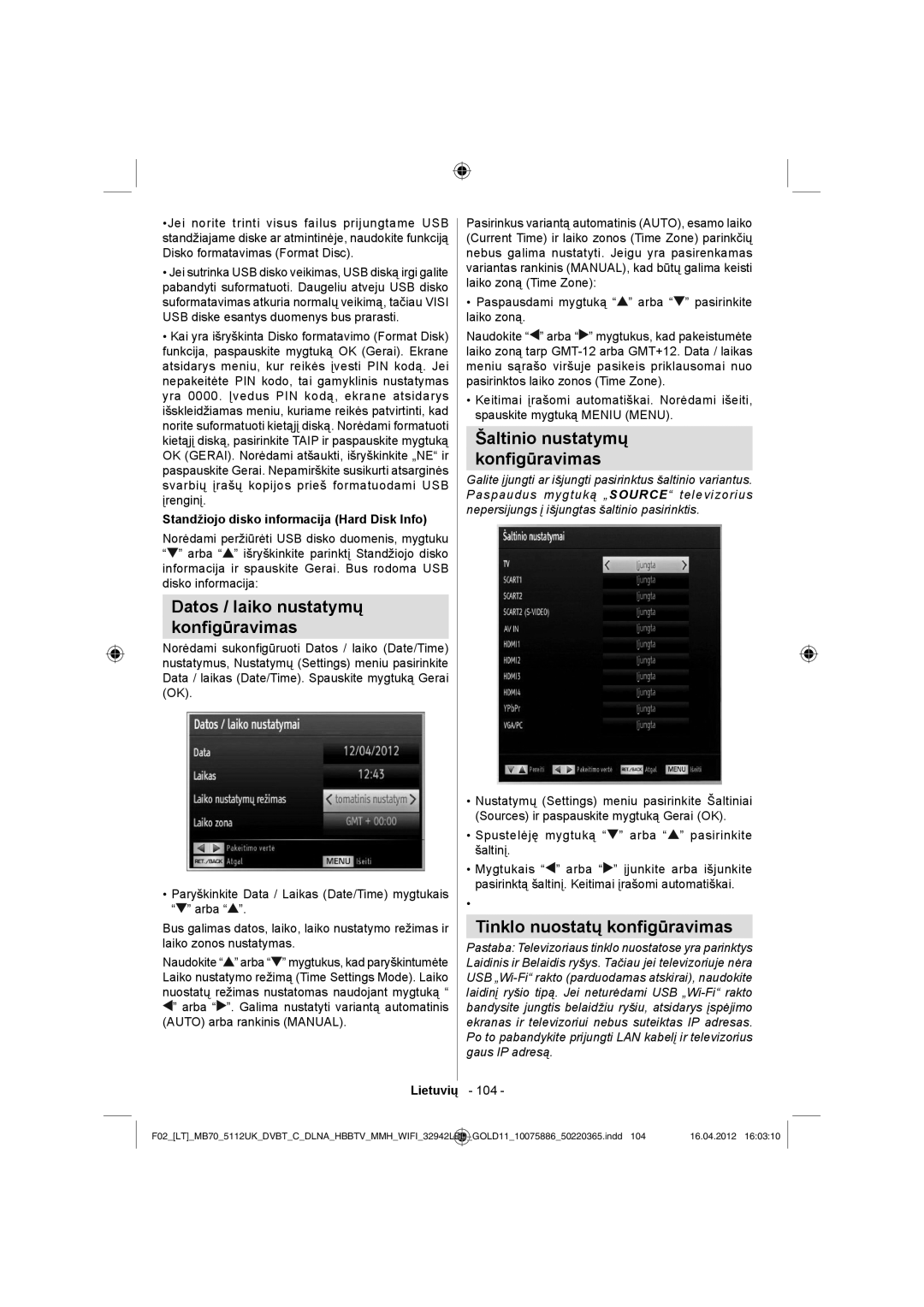 Sharp LC-32LE340E Datos / laiko nustatymų Konﬁgūravimas, Šaltinio nustatymų Konﬁgūravimas, Tinklo nuostatų konﬁgūravimas 