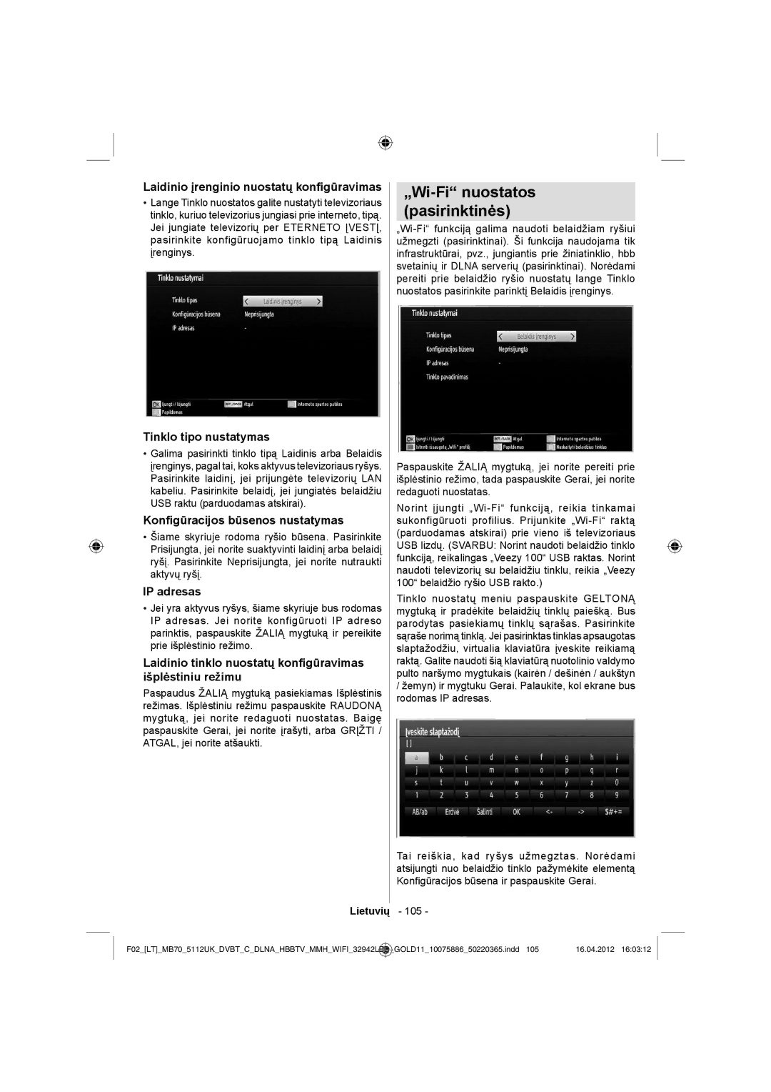 Sharp LC-32LE340E operation manual „Wi-Fi nuostatos Pasirinktinės 