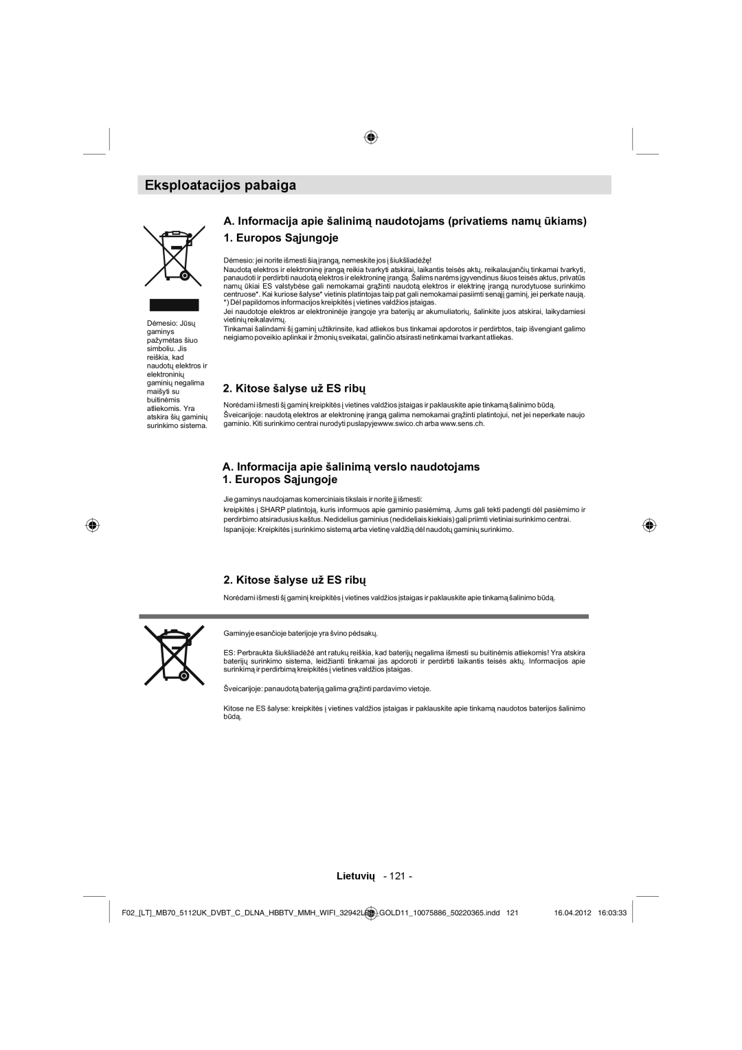 Sharp LC-32LE340E operation manual Eksploatacijos pabaiga, Kitose šalyse už ES ribų 