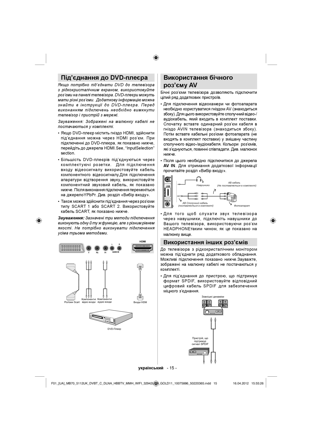 Sharp LC-32LE340E operation manual Під’єднання до DVD-плеєра, Використання бічного Роз’єму AV, Використання інших роз’ємів 