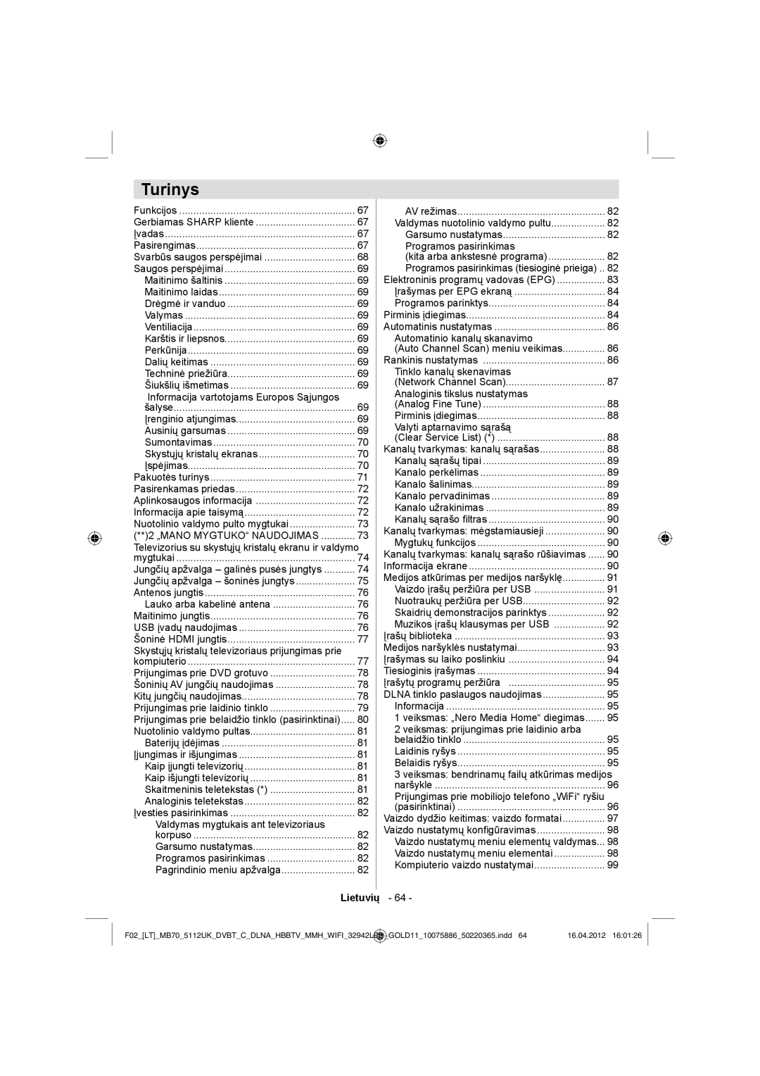 Sharp LC-32LE340E Informacija vartotojams Europos Sąjungos, Televizorius su skystųjų kristalų ekranu ir valdymo 