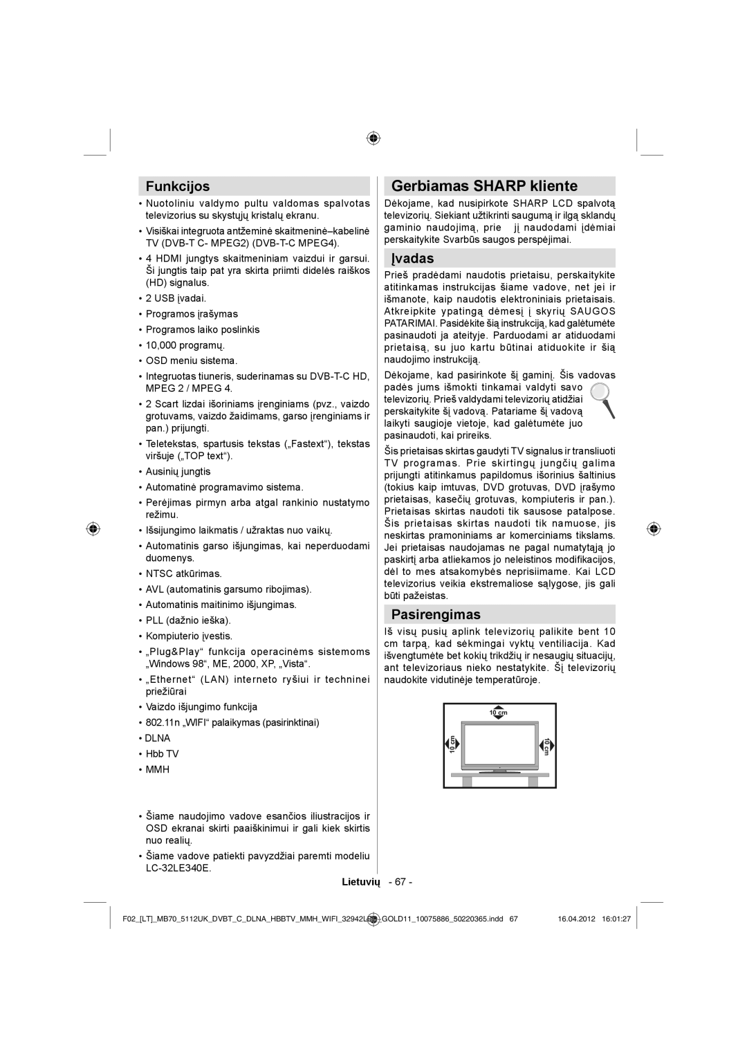 Sharp LC-32LE340E operation manual Gerbiamas Sharp kliente, Funkcijos, Įvadas, Pasirengimas, Hbb TV 