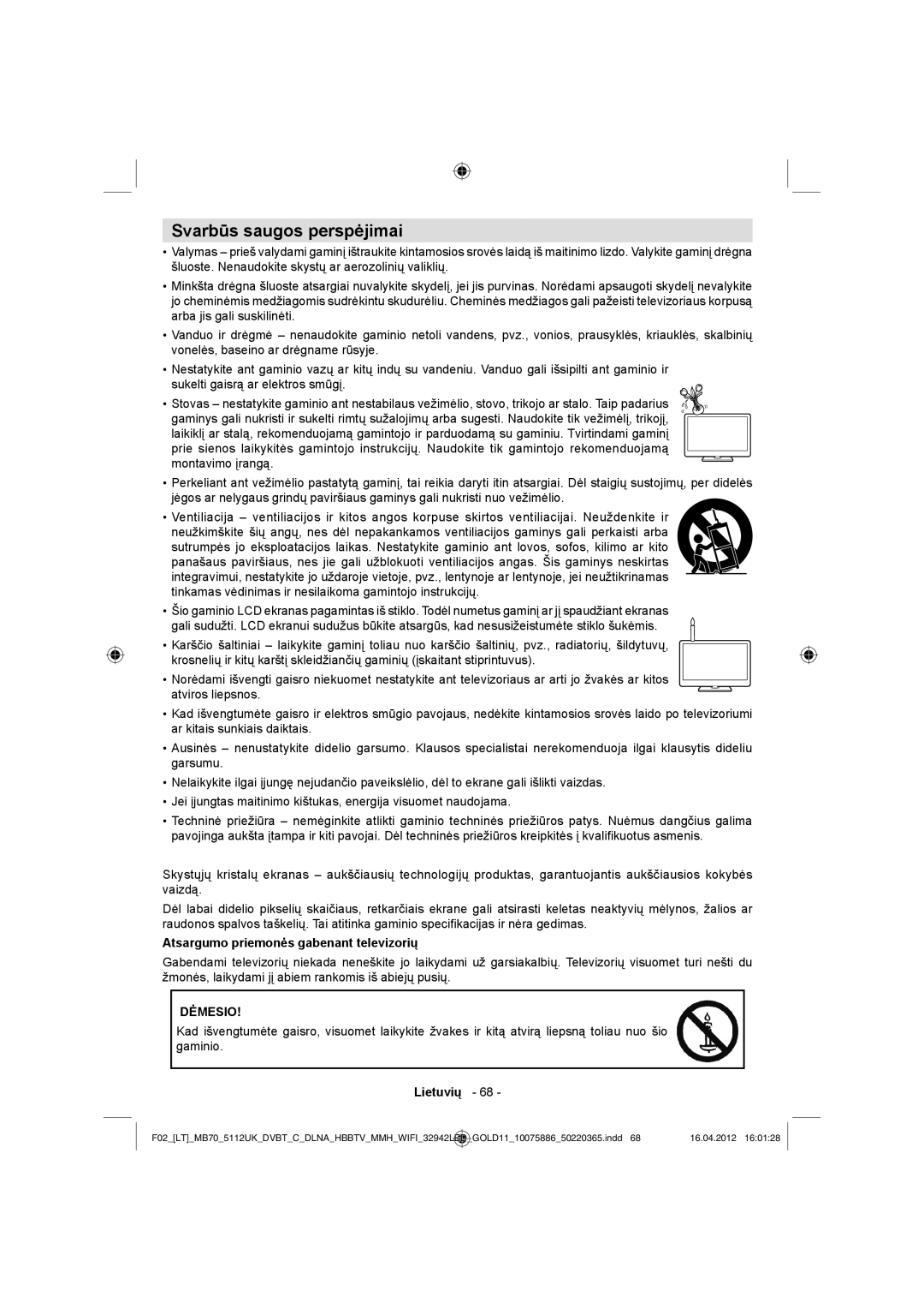 Sharp LC-32LE340E operation manual Svarbūs saugos perspėjimai, Atsargumo priemonės gabenant televizorių 