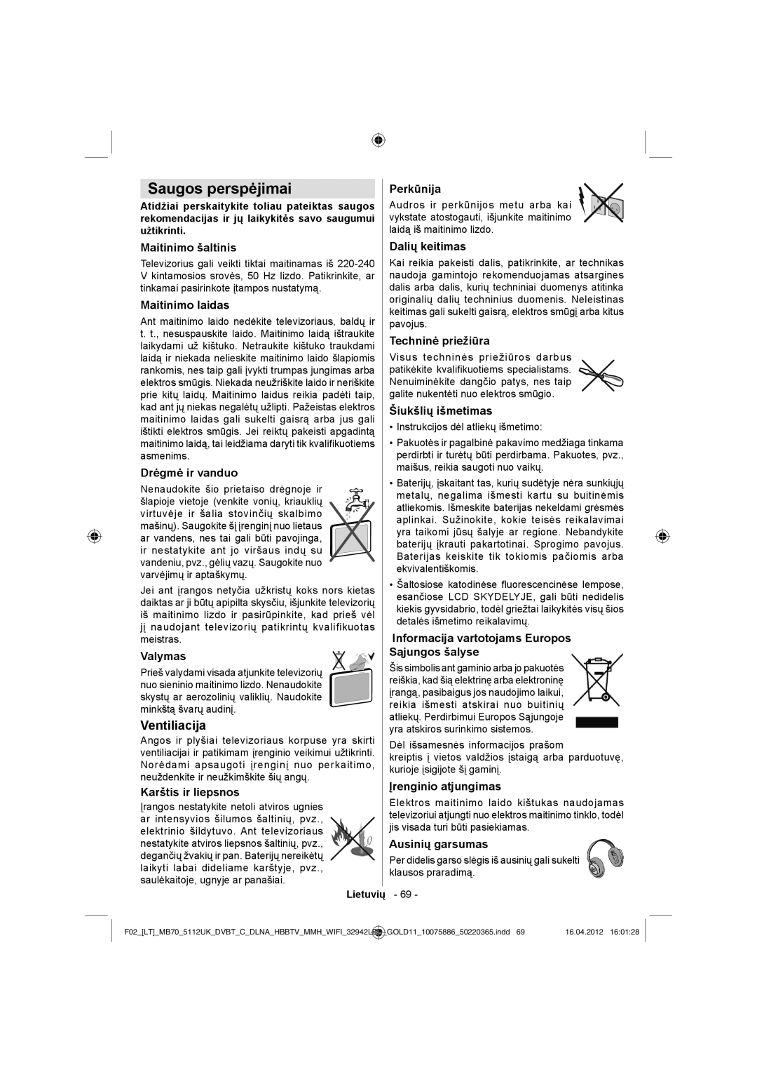 Sharp LC-32LE340E operation manual Saugos perspėjimai 