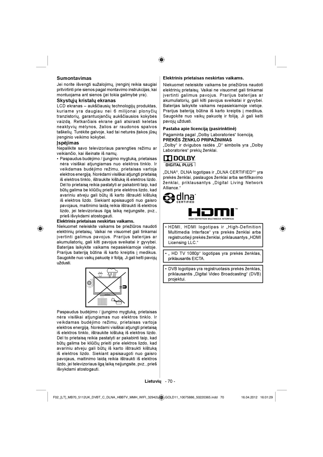 Sharp LC-32LE340E Sumontavimas, Skystųjų kristalų ekranas, Įspėjimas, Elektrinis prietaisas neskirtas vaikams 