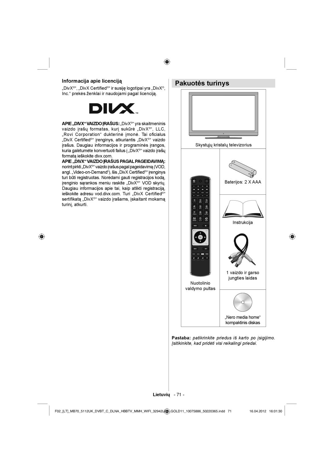 Sharp LC-32LE340E operation manual Pakuotės turinys, Informacija apie licenciją 