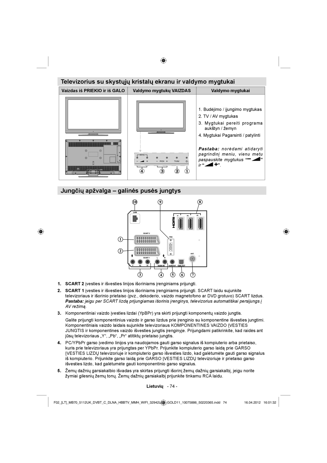 Sharp LC-32LE340E operation manual Jungčių apžvalga galinės pusės jungtys, Budėjimo / įjungimo mygtukas 