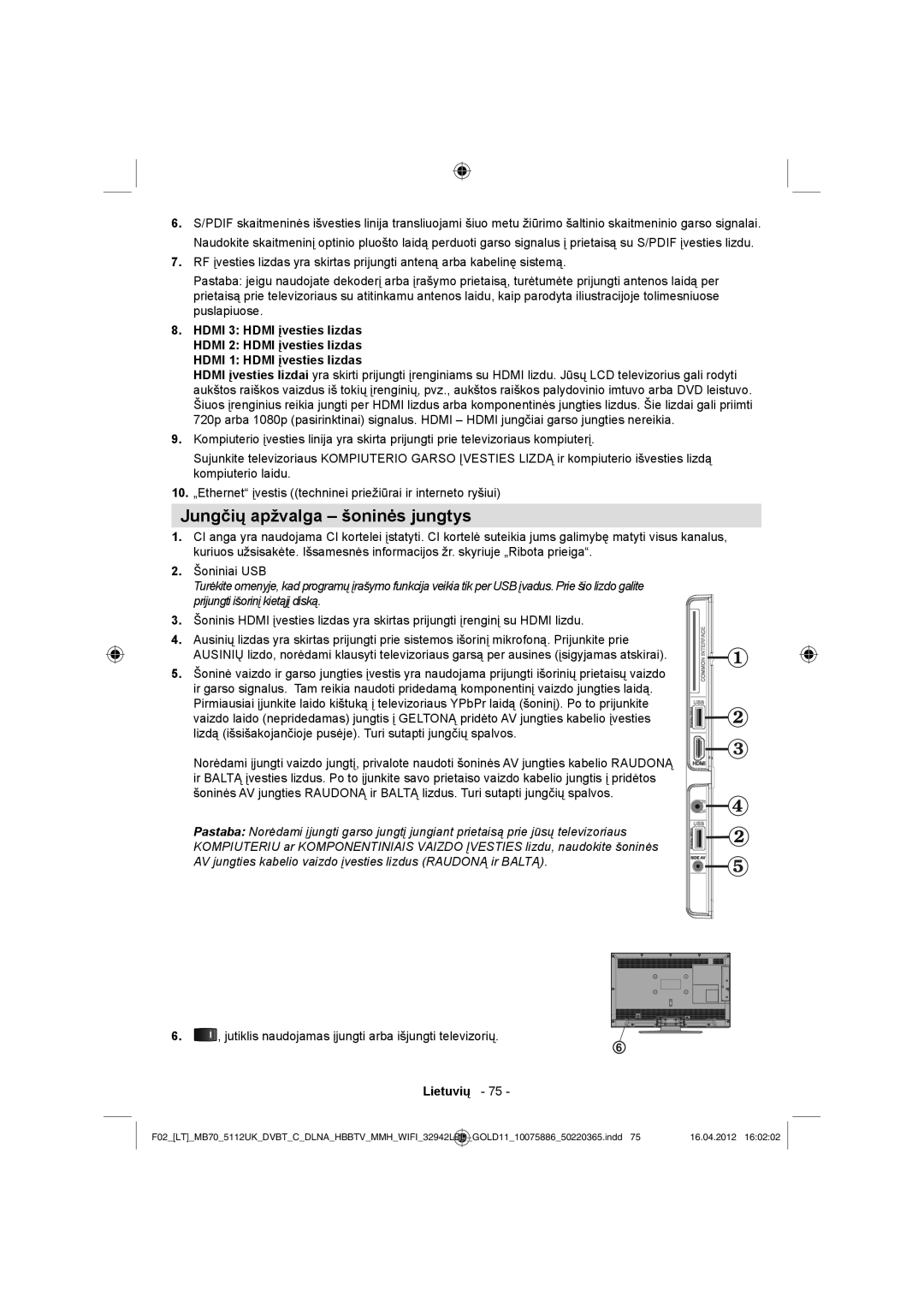 Sharp LC-32LE340E operation manual Jungčių apžvalga šoninės jungtys, Jutiklis naudojamas įjungti arba išjungti televizorių 