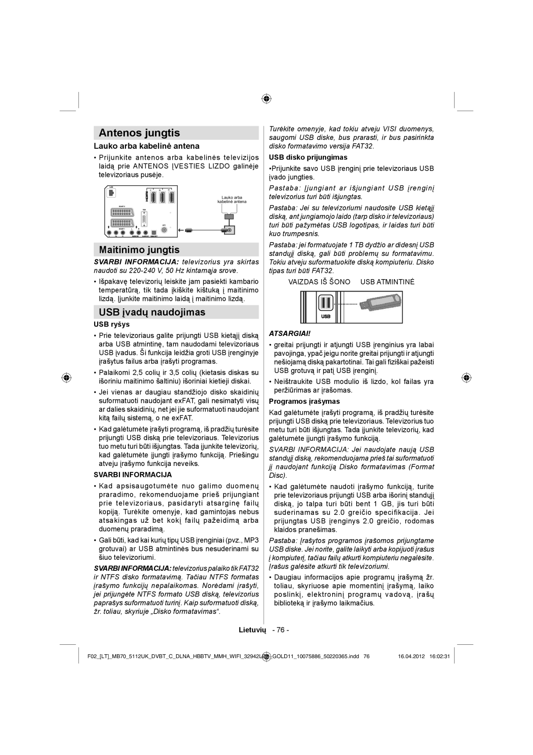 Sharp LC-32LE340E operation manual Antenos jungtis, Maitinimo jungtis, USB įvadų naudojimas, Lauko arba kabelinė antena 