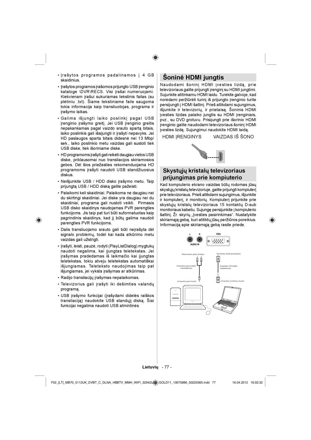 Sharp LC-32LE340E operation manual Šoninė Hdmi jungtis, Įrašytos programos padalinamos į 4 GB skaidinius 