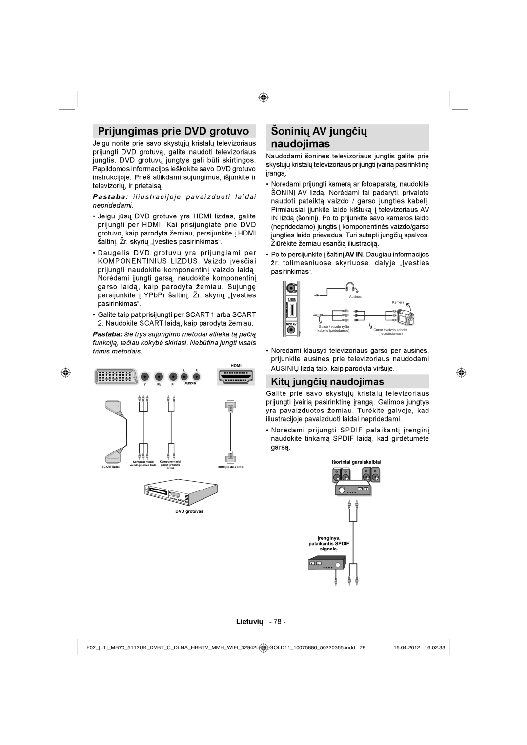 Sharp LC-32LE340E operation manual Prijungimas prie DVD grotuvo, Šoninių AV jungčių Naudojimas, Kitų jungčių naudojimas 