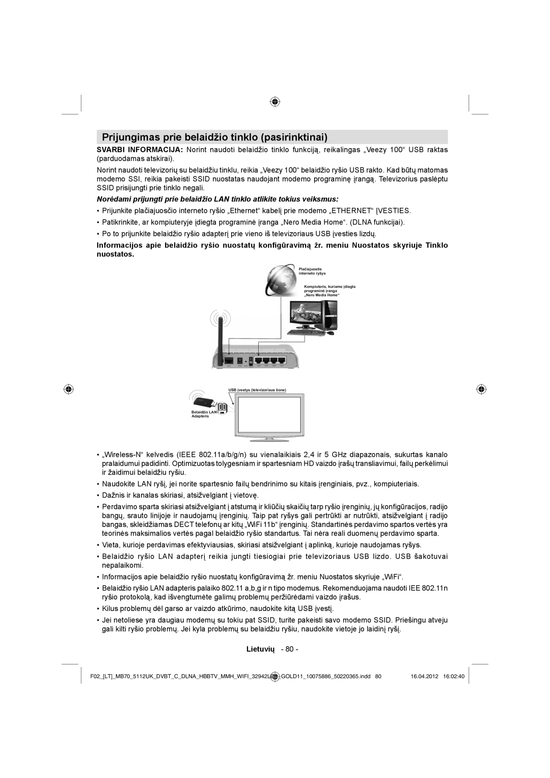 Sharp LC-32LE340E operation manual Prijungimas prie belaidžio tinklo pasirinktinai 