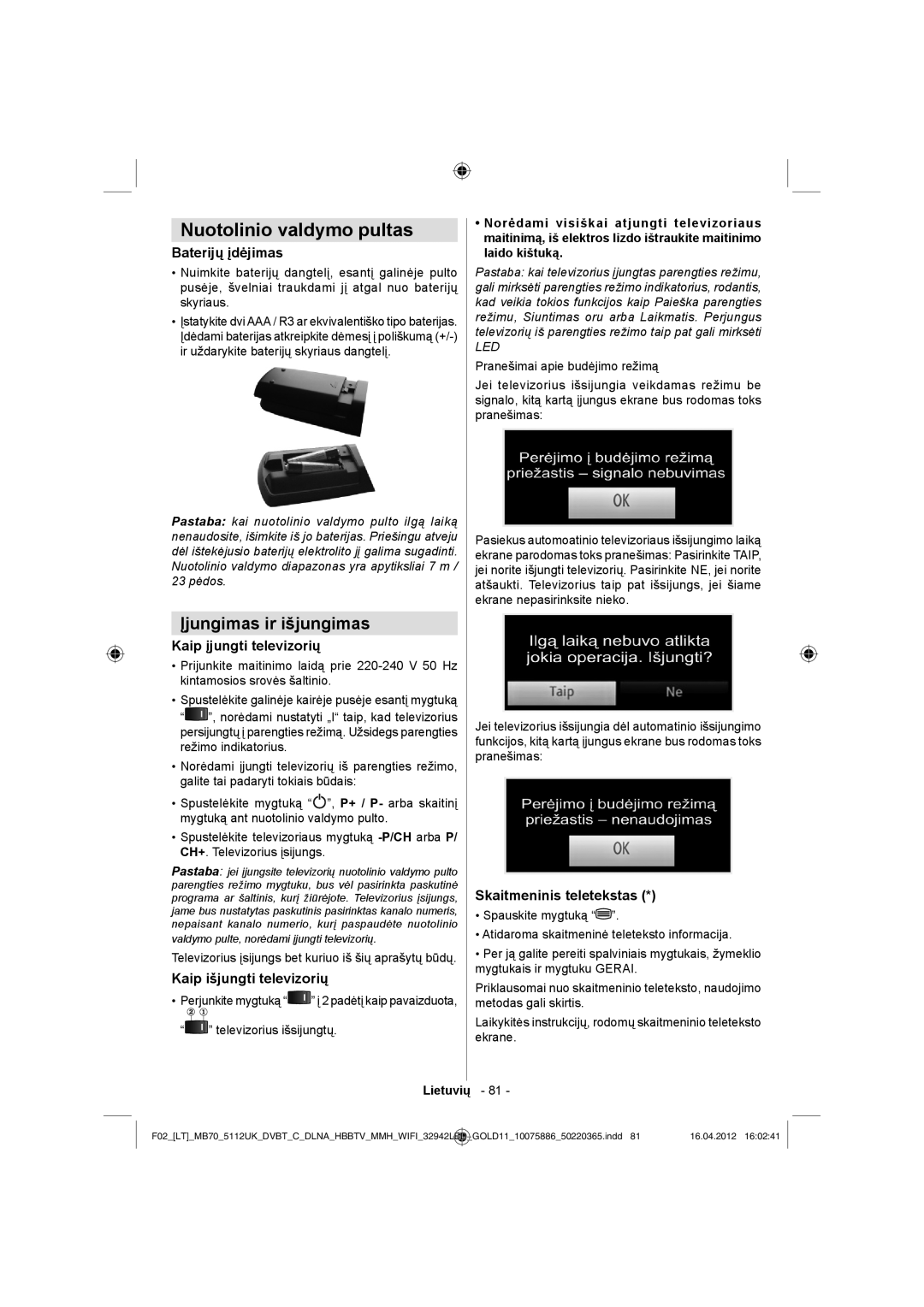 Sharp LC-32LE340E operation manual Nuotolinio valdymo pultas, Įjungimas ir išjungimas 