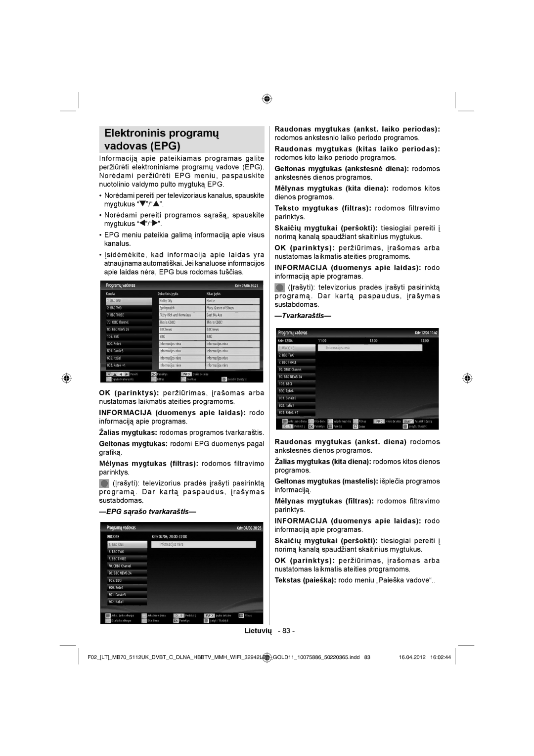 Sharp LC-32LE340E operation manual Elektroninis programų Vadovas EPG, Mėlynas mygtukas filtras rodomos filtravimo parinktys 